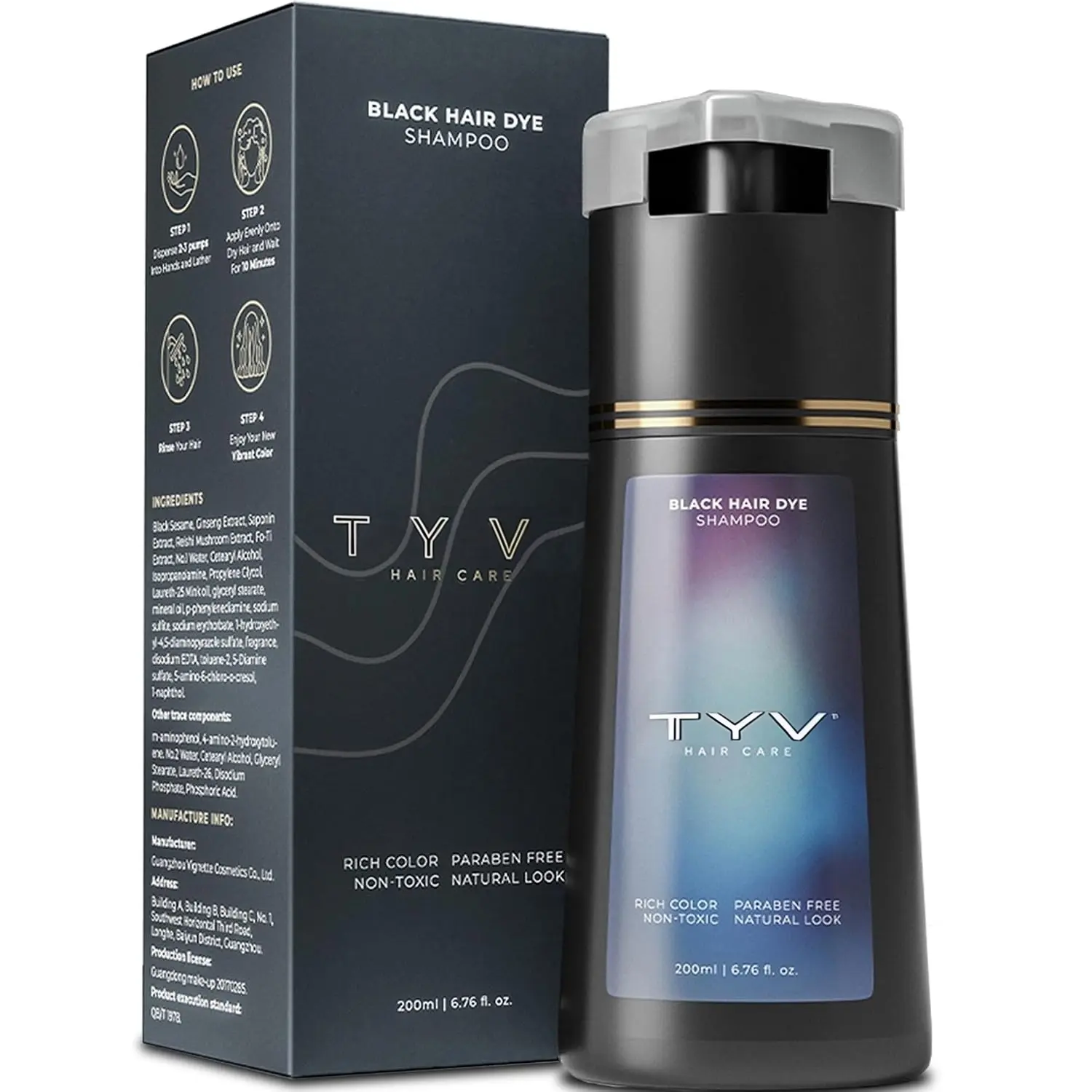 Hair Dye Shampoo |   Jet Black Hair Dye Color Shampoo for Gray Hair |   3-in-1 for Men and Women |   Vegan, Ammonia-Free, Easy 10-Minute Use - 6.76 fl oz : Beauty & Personal Care