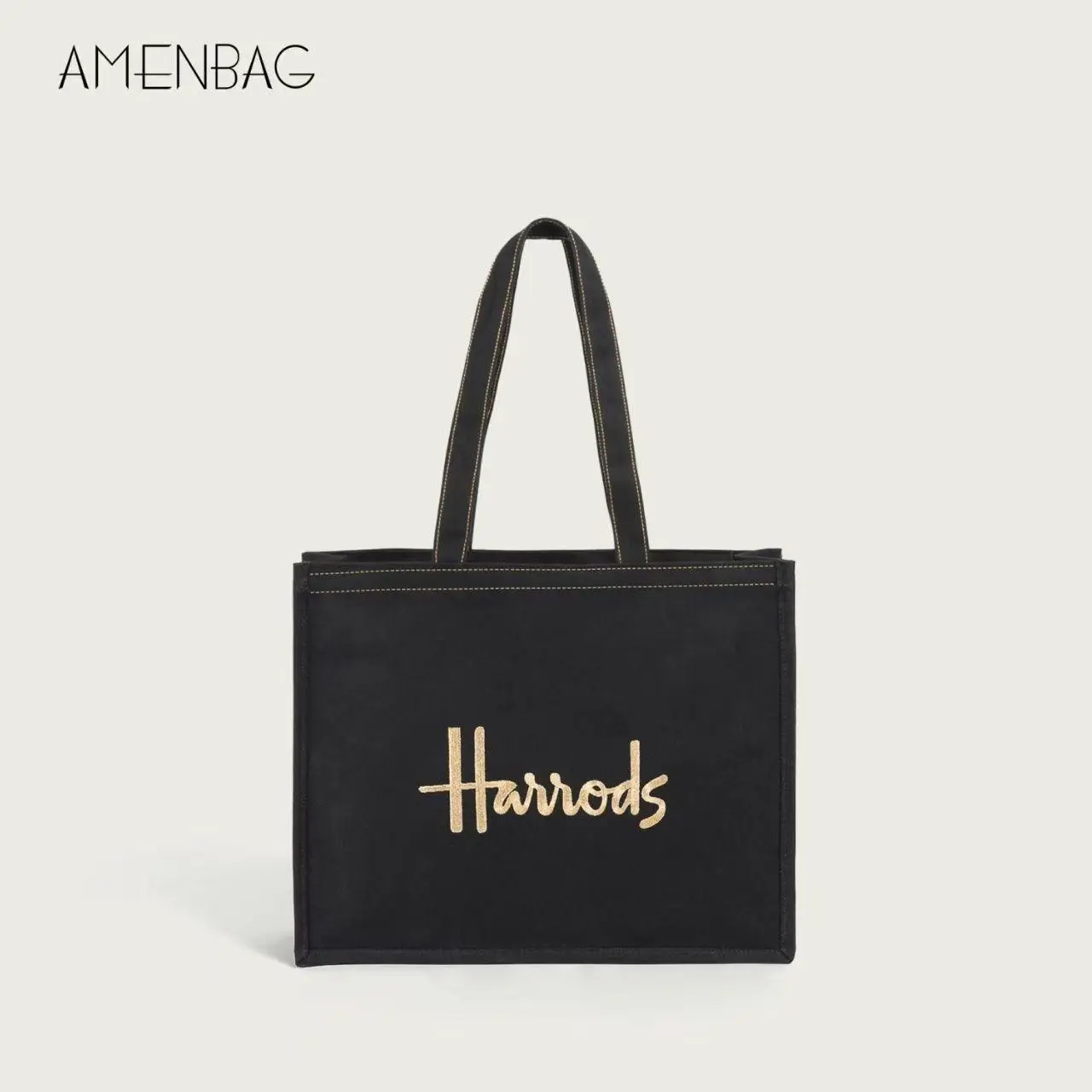 Harrods Canvas Handbag Embroidered Letters Shoulder Bag Cartoon Girl Shopping Bento Bag