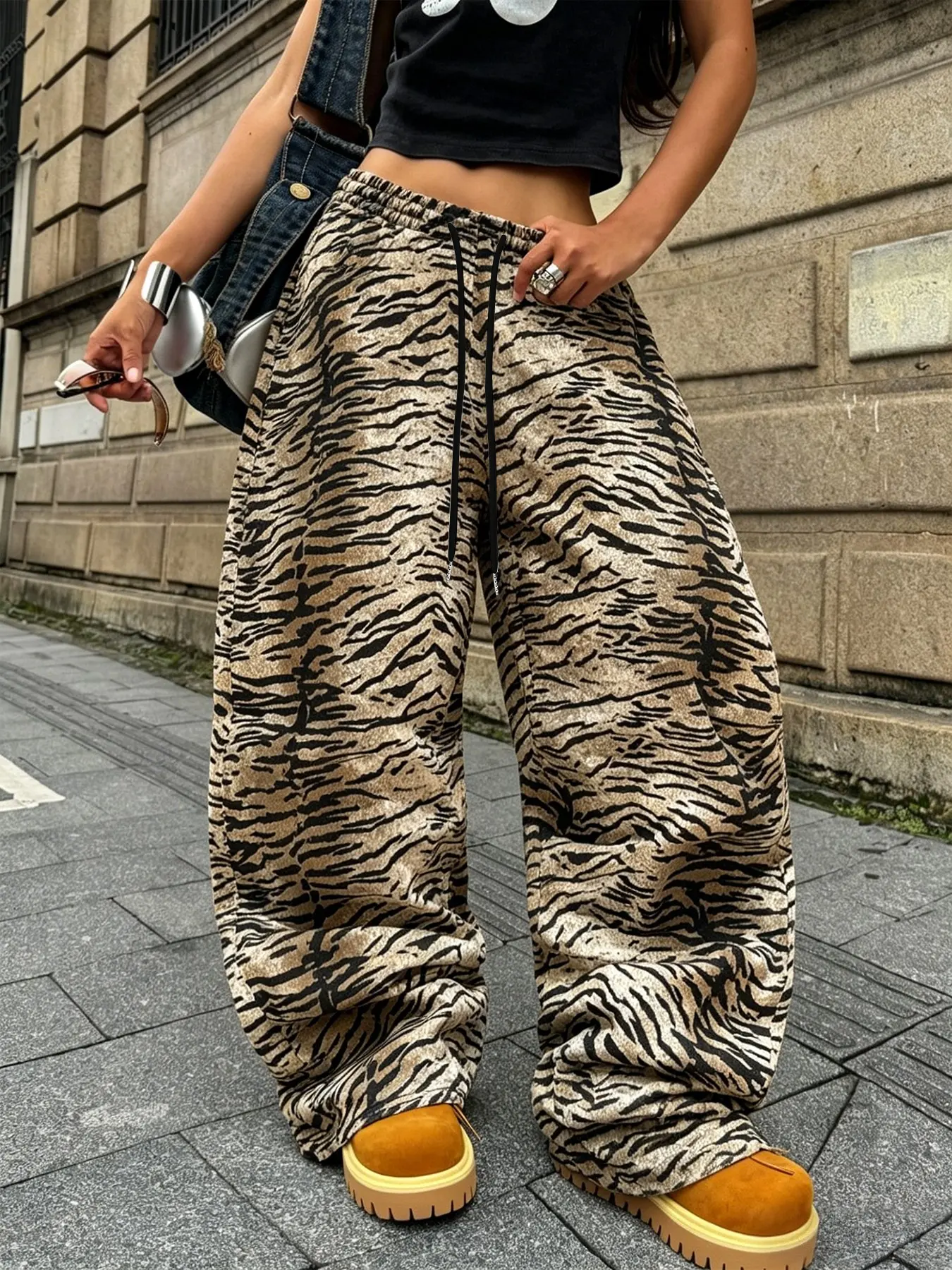 Women's Tiger Skin All-Over Print Drawstring Adjustable Sweatpants, Fashion Casual Baggy Loose Comfortable Fit Everyday Daily Wear Long Pants, Spring Summer Women's Clothing