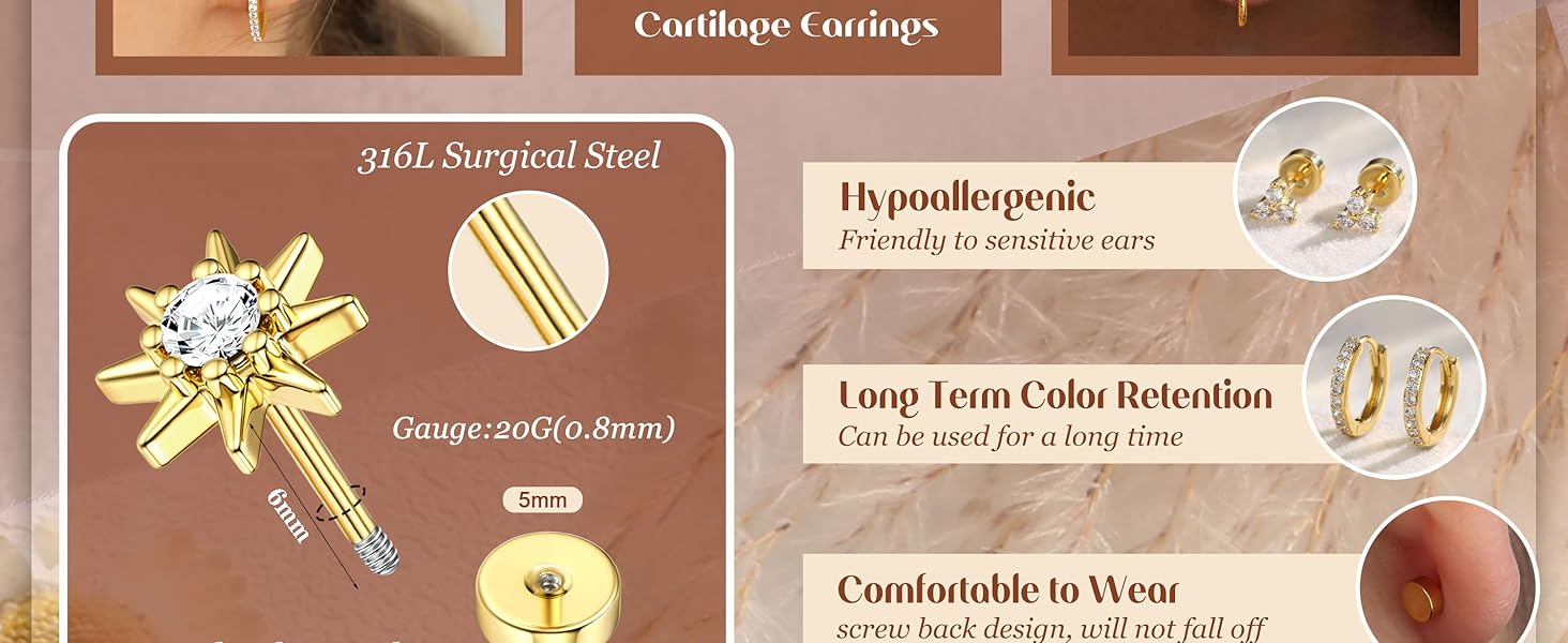 20g Hypoallergenic Flat Back Earrings, Studs Earrings, Cartilage Earring Sets for Multiple Piercings, Surgical Stainless Steel, Trendy Earring Stacks, Hoop Earrings