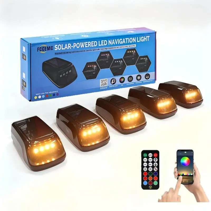5pc Waterproof Solar LED Roof Warning Light Flashing Light Bar for Pickup Semi Truck SUV Off-Road | RGB Multi-Mode Strobe | Remote & APP Control | Vibration Mode, No Drilling Needed