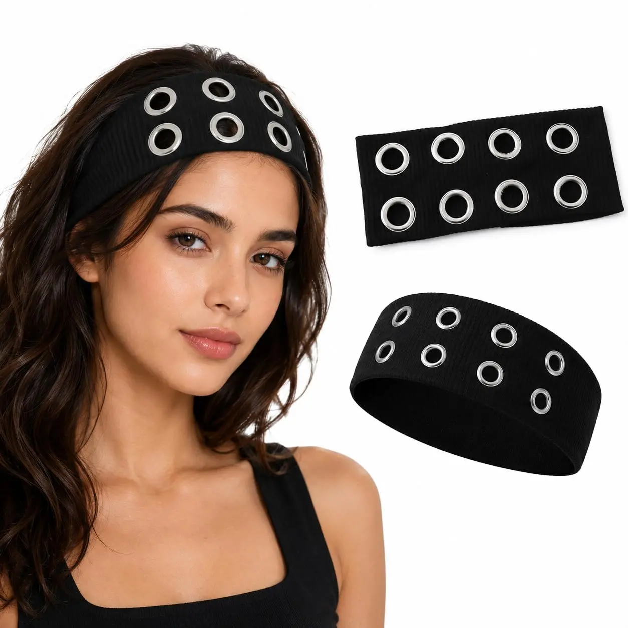 Grommet Headband with Holes, Punk Headbands, Eyelet Headbands, Y2K Headband, – Wide Elastic Hairband for Women Fashion Hair Accessory