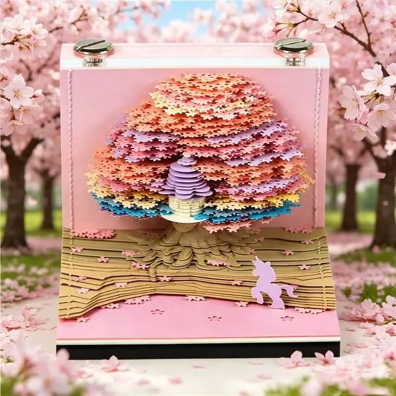 3D Layered Paper Sculpture Sticky Notes, Interactive Hand-Tear Design, Time Sculpture Gift, Reveals Tree Unicorn Scene, Desktop Art Piece