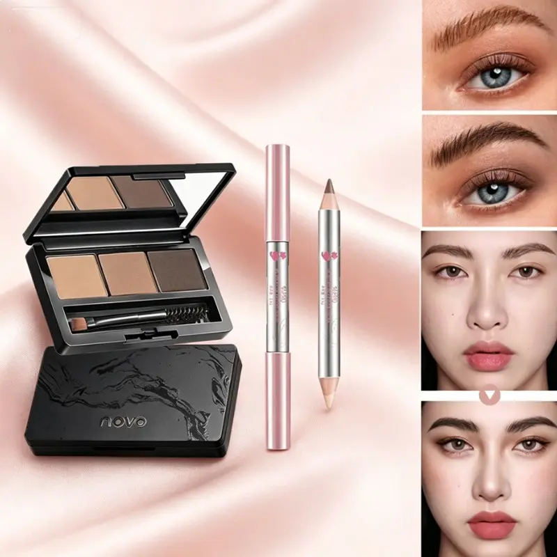 NOVO 2Pcs Eyebrow Makeup Set 3 Colors Brow Powder & Dual End Eyebrow Pencil Waterproof Long Lasting Natural Wild Brow