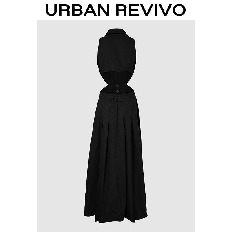 URBAN REVIVO Women's Cutout Denim Dress Sleeveless, High Waist Gold Button Collar Maxi Jean Dress, Retro Flowy Split Dress for Summer Vacation Streetwear