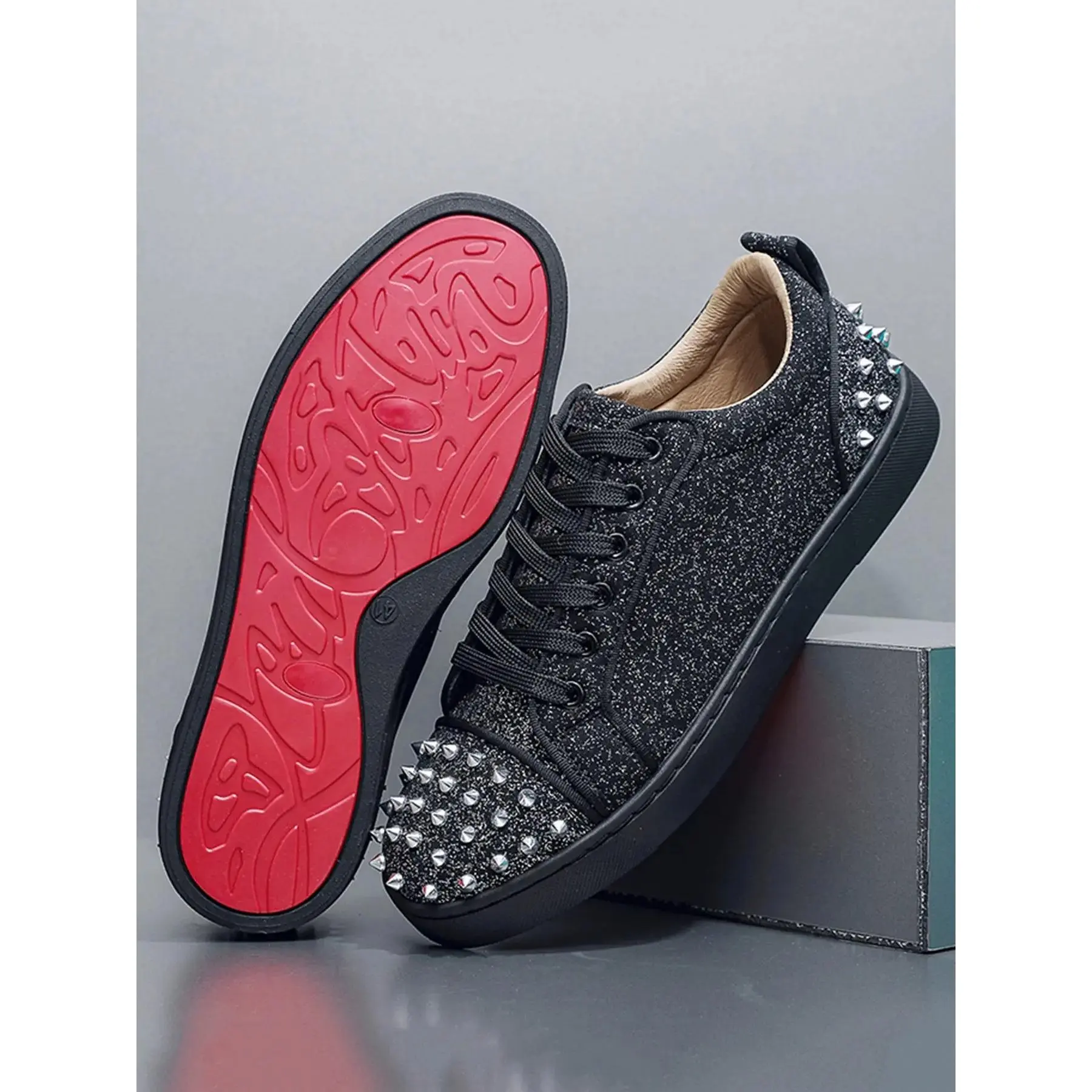 Men's Fashion Athletic Outdoor Urban Casual Shoes, Rivet Board Sneakers, Black, All-Season Plain Design, Closed, PU Leather, Rubber Sole, Versatile Party Wear, Trendy Trainers