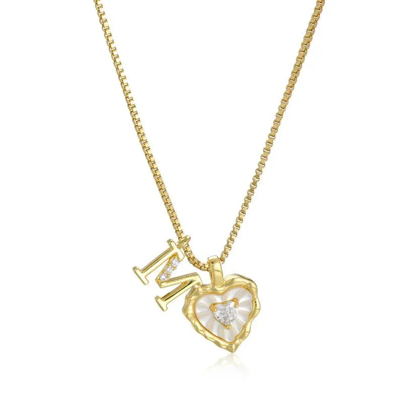 14K Gold Plated Heart Shaped Letters Micro Pave Chain Necklace with A-Z Letter Pendant | Personalized 26 Initial Pendant with Heart White Shell Pendant Necklace for Women, Birthday Anniversary Jewelry Gift