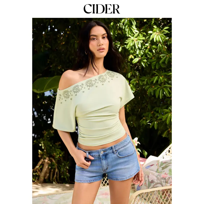Cider Asymmetrical Neck Embroidery Ruched Tee SummerWins SummerFinds