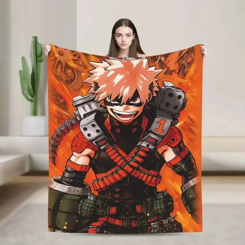 Katsuki Bakugo Bakugo Hero Print Blanket, featuring a fiery orange flame background and anime pattern, made of soft flannel for comfort.