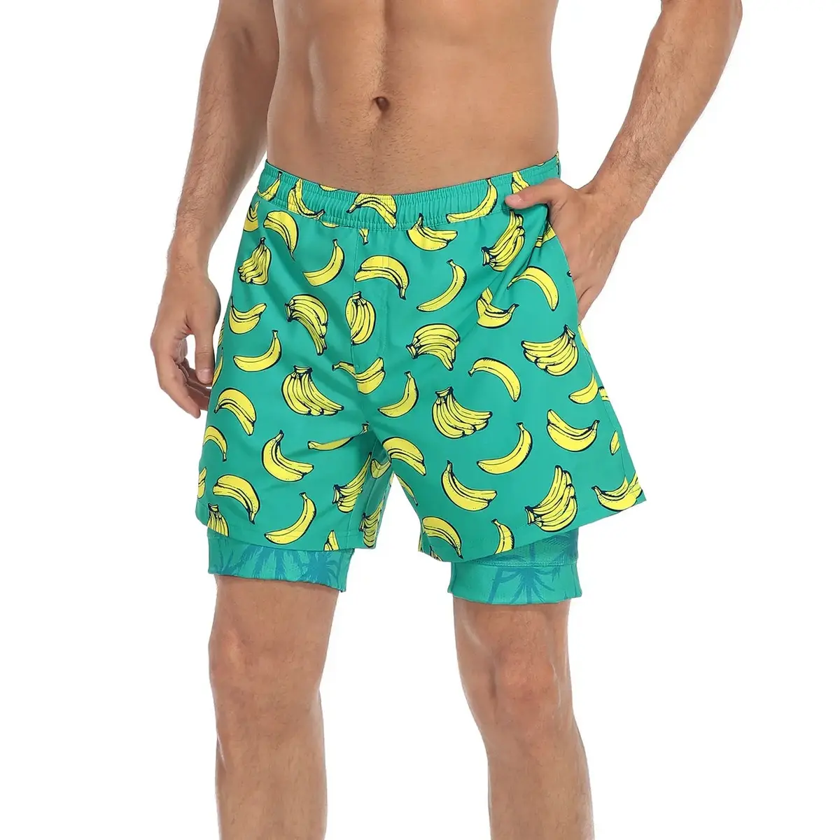 Men's Printed Swim Trunks with Compression Liner & Pockets Quick Dry Beach Shorts for Men Activewear