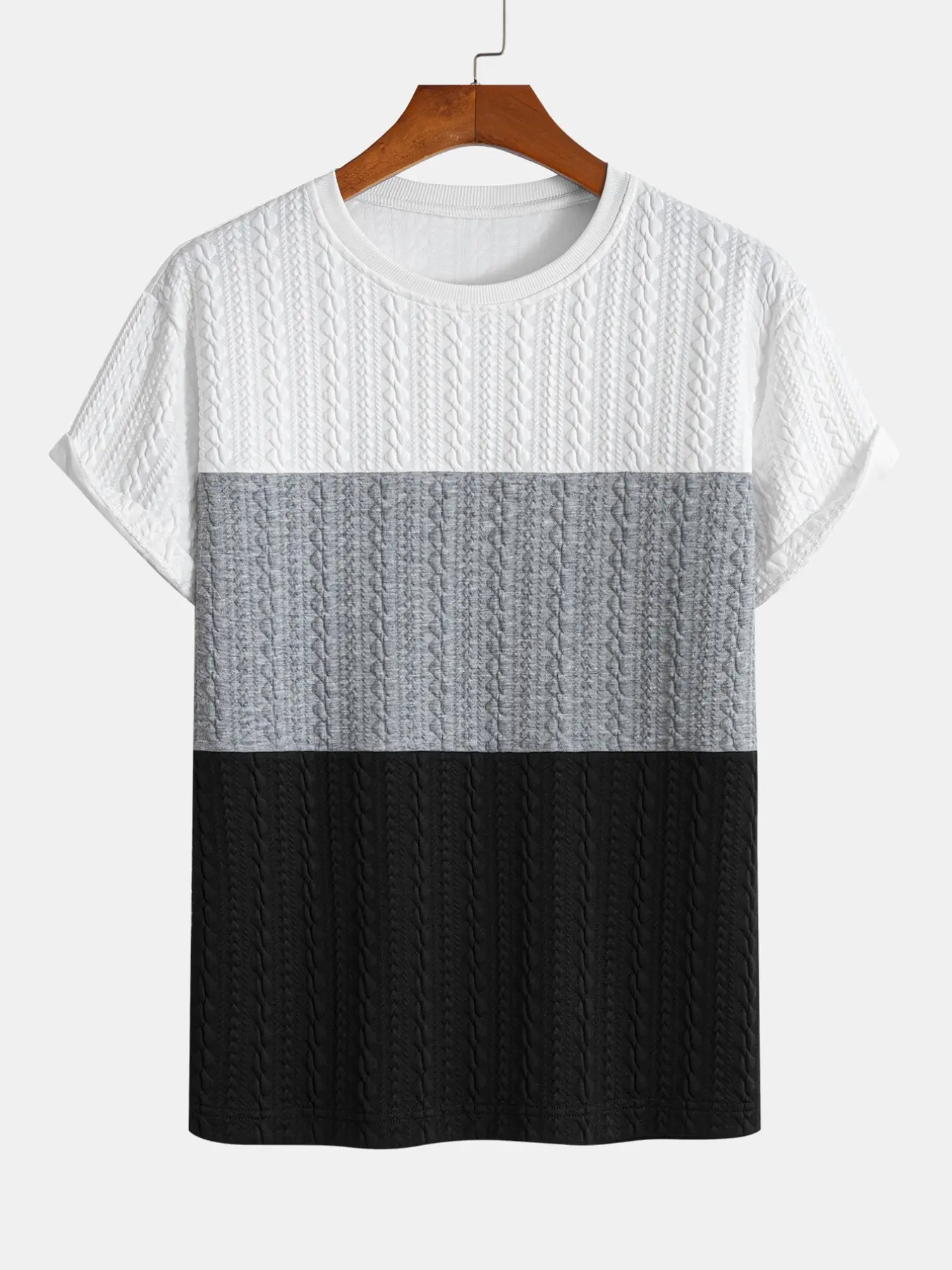 Men's Cable-Knit Textured Color Block T-Shirt, Short Sleeve Crew Neck, Casual Summer Basic Tops, Comfortable and Stylish