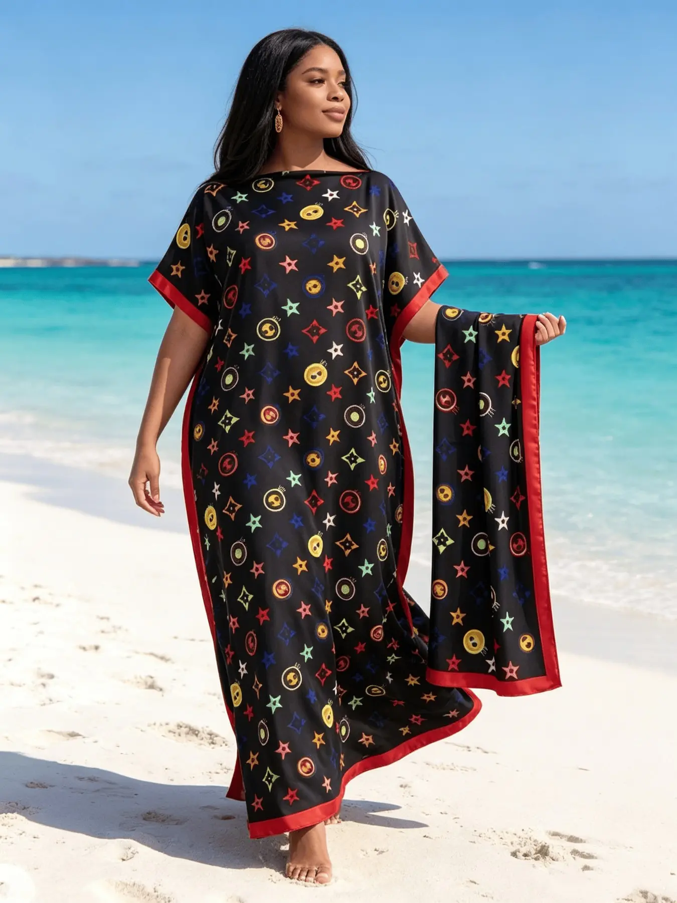 Black Multi-Color Star Print Kaftan Two Piece Set With Matching Scarf, Oversized Split Hem Maxi Robe, Soft Beach Cover Loungewear Night Dress, Fits Plus Size Curvy Figures