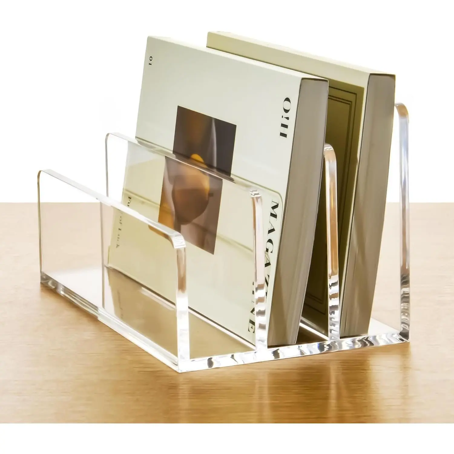 3 Compartments Clear Acrylic Mail Holder – Vertical Letter Sorter & Multifunction Desk Organizer for Bills, Documents, Notebooks – Modern Office/Home Envelope File Rack