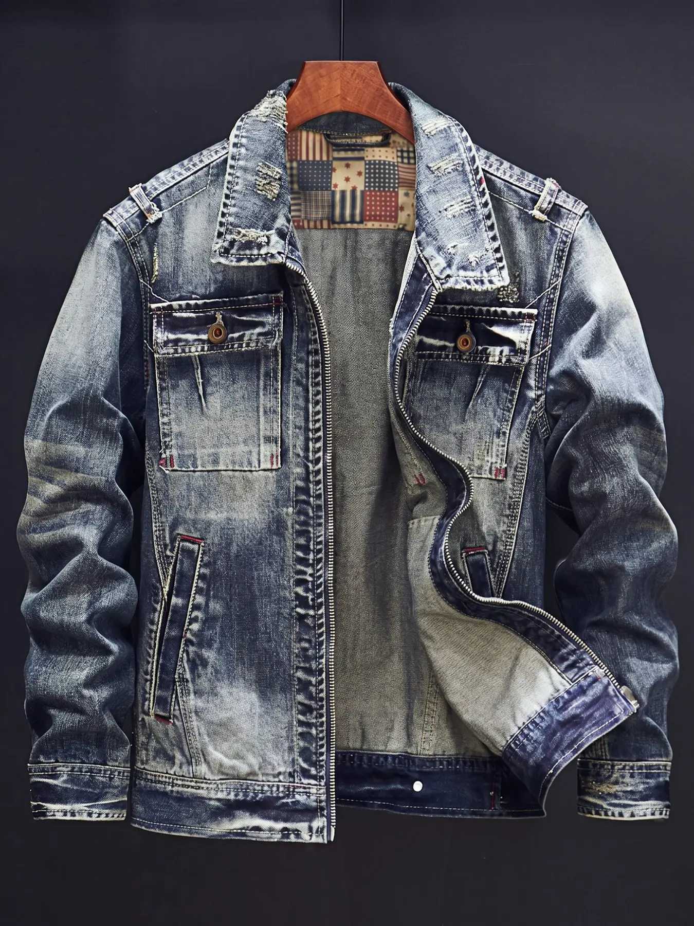 2026 Fall Winter New High-End Vintage Washed Distressed Ripped Denim Jacket, American Workwear Motorcycle Coat, Stylish Slim Fit Multi-Pocket Fashion Shirt