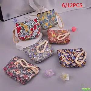 6 Pack Mini Ditsy Floral Canvas Coin Purse With Braided Wrist Strap,  Cute Zipper Pouch Set, Flowers Cosmetic Stash, Portable Small Travel Makeup Bag,Flowers Cosmetic Stash Ideal For AirPods, Lipstick, Keys And Daily Essentials Storage,Beach vacation