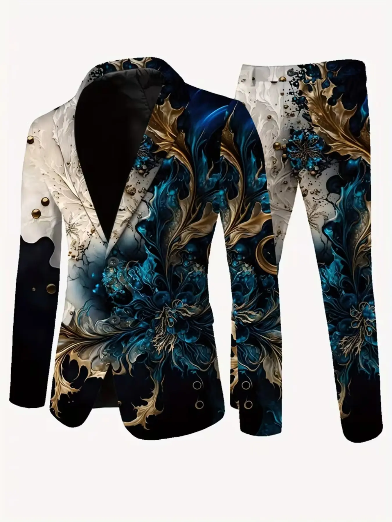 Men's Vintage Floral Blazer Set, Two-Btn Colorblock Jacket & Matching Pants, Long Sleeve Casual Suit for Parties, All-Season Wear