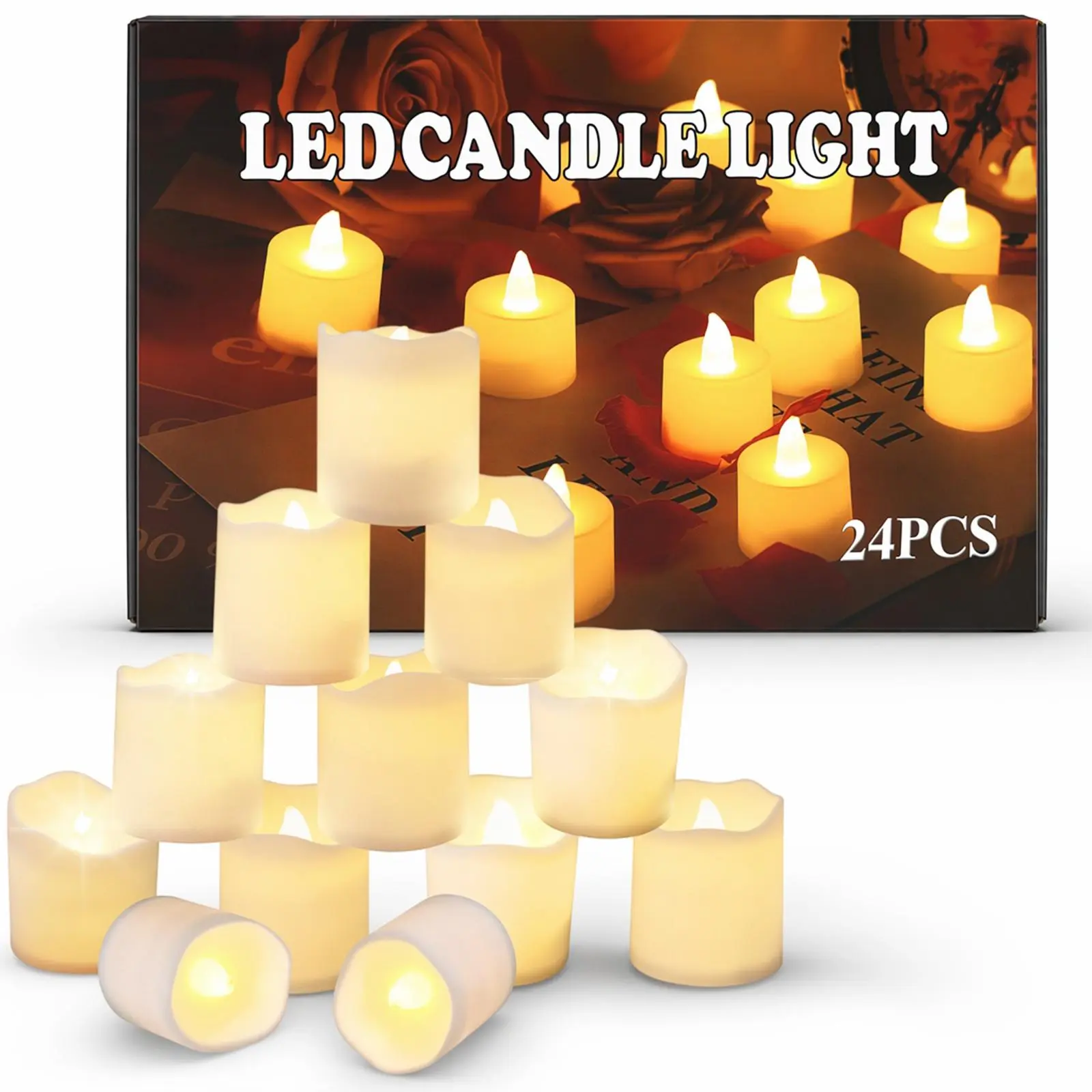 24-Pack Flameless LED Tea Lights, Flickering Warm White LED Votive Candles with 200+ Hour Battery, Battery-Powered Indoor Safe Fake Candles for Christmas, Holiday Table Decor, Wedding