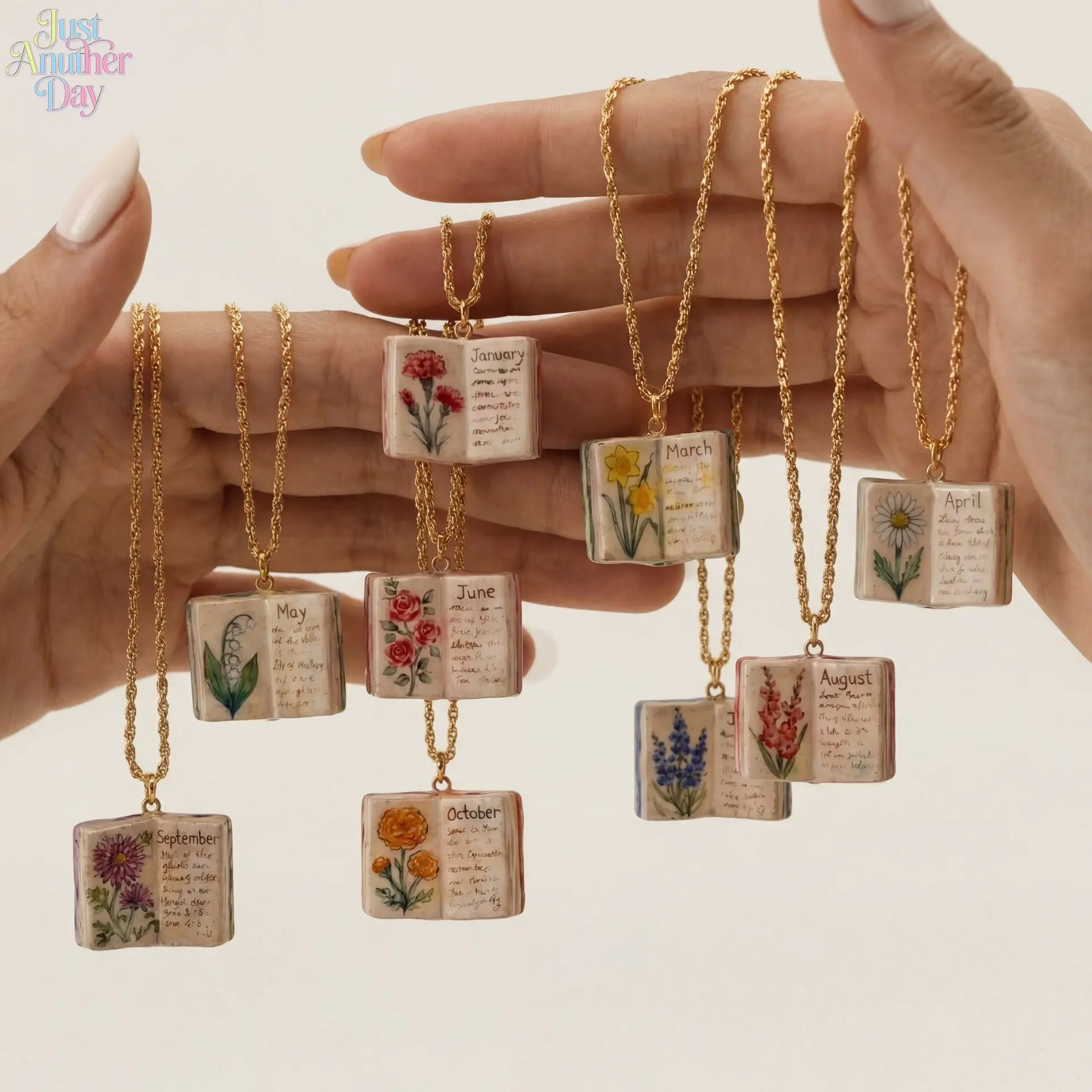 Vintage Birth Month Flower Book Necklace, Delicate Enamel Openable Pendant Necklace, 12 Months Floral Book Charm Necklace, Copper Gold Plated Dainty Necklace for Women & Girls