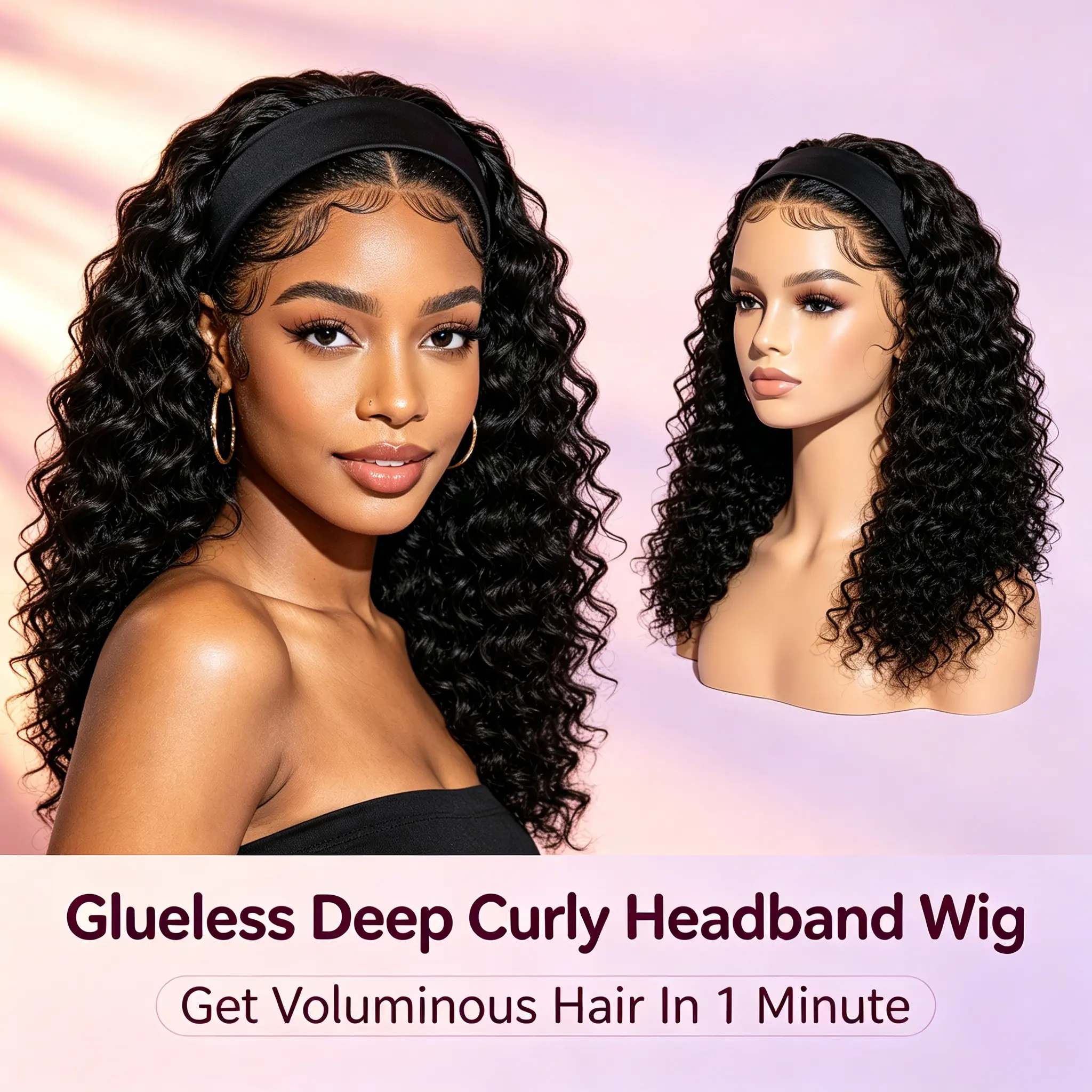 NoveCo Glueless Deep Wave Headband Wig, 180% Density Wigs For Black Women, Full Machine Made No Lace Beginner Friendly Easy Install Tangle Free Natural Black Wig middle part synthetic heat wrap strap day outfit head stand