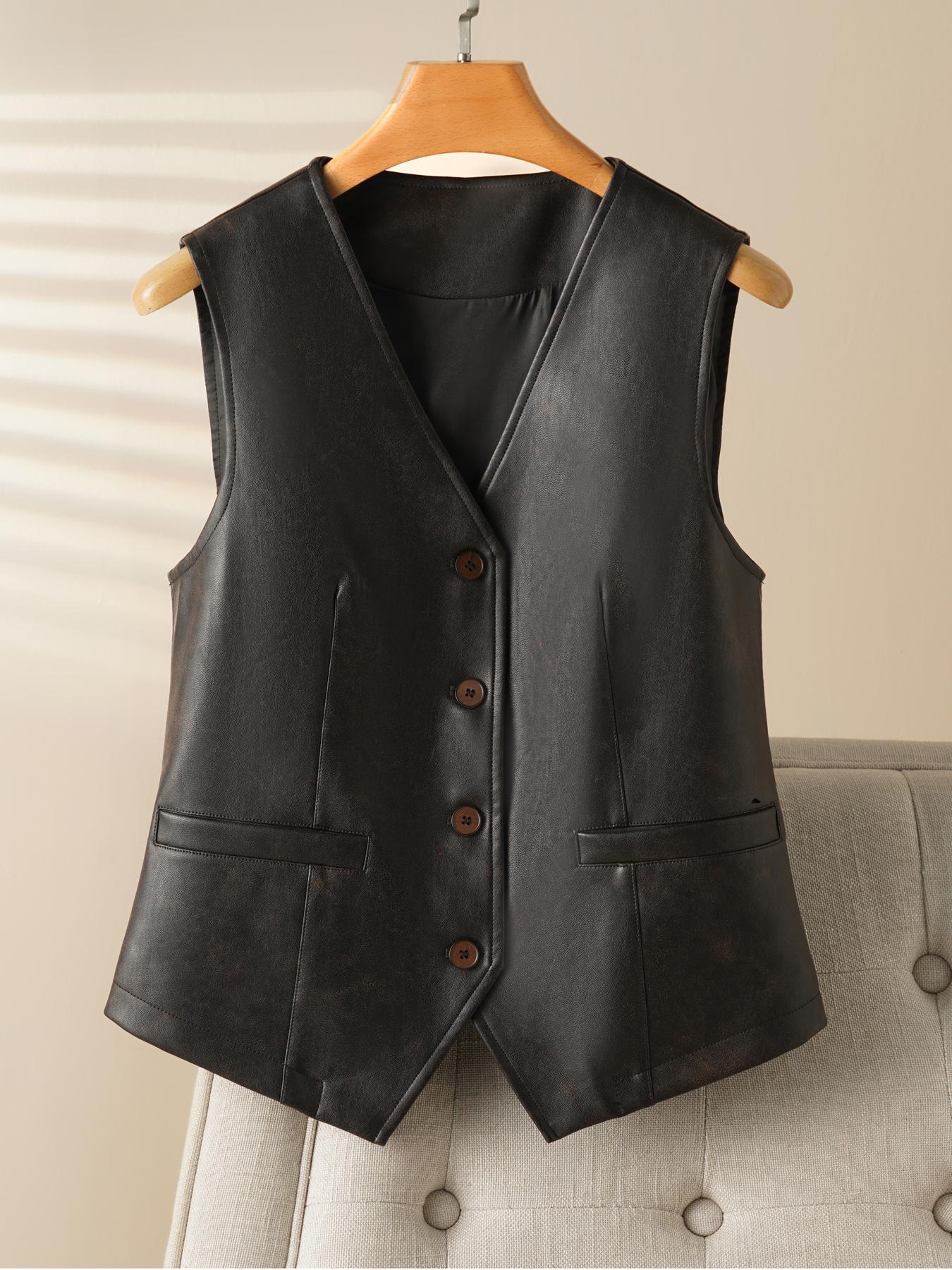 Women's PU Leather Vest Top, Single Button Front, Sleeveless V Neck, Casual Fitted Style, Spring & Fall Fashion, Moderate Fabric Thickness, Casual Comfy Vests