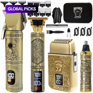 LCD Display Hair Clipper and Razor Set, Professional Cordless Hair Trimmer and Shaver with Guide Comb, Charging Cable and Cleaning Brush, Barber Hair Cutting Kit