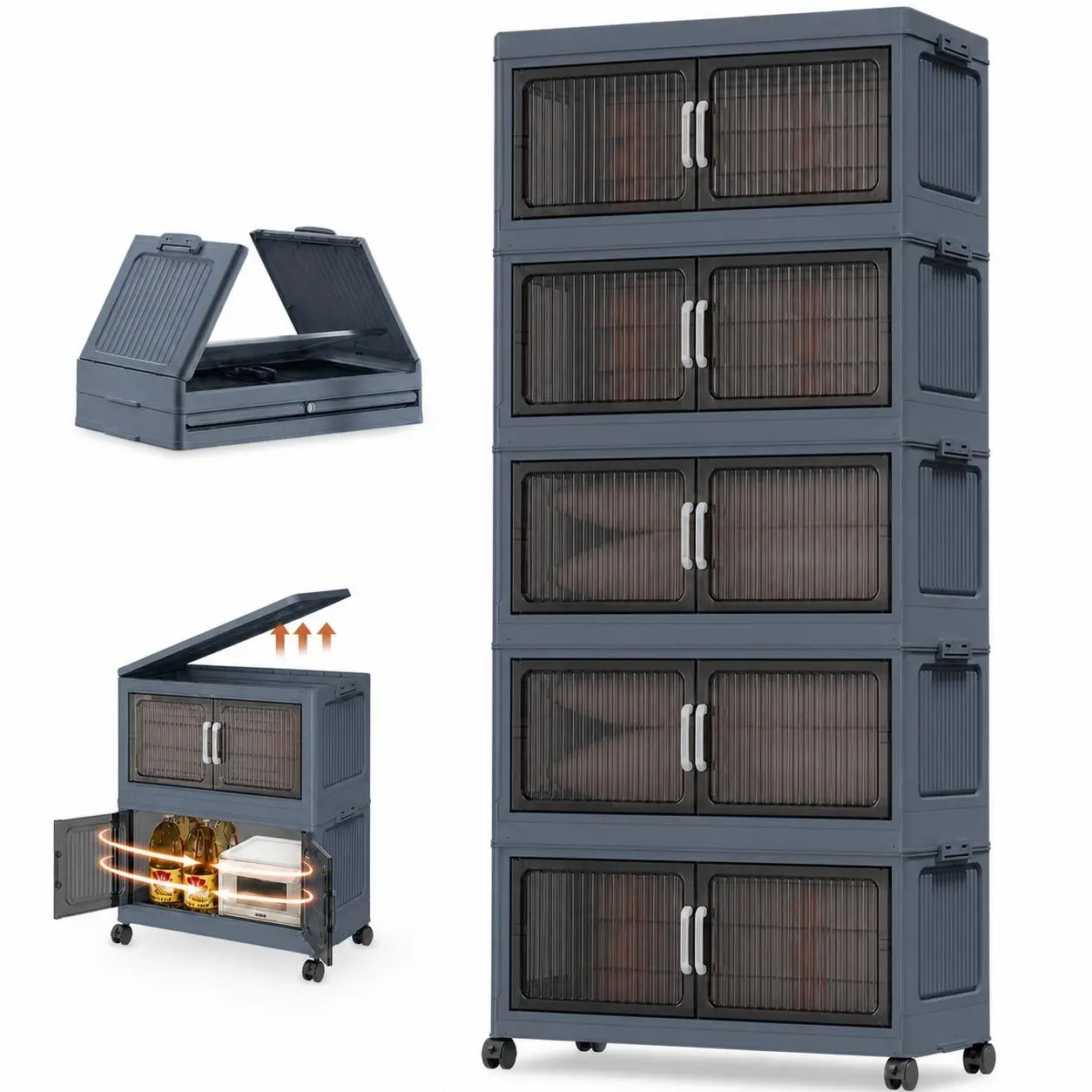5-Tier Stackable Clear Visible Storage Organizer Rack with Mobile Rolling Wheels - Multifunctional Home Cabinet for Toys, Snacks, Books, Clothes (Space-Saving Home Supplies Shelving)