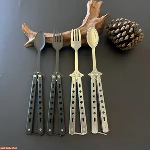 2026 Popular Stainless Steel Folding Fork Spoon Outdoor Camping Portable Fork and Spoon Multifunctional Butterfly Knife Training Knife
