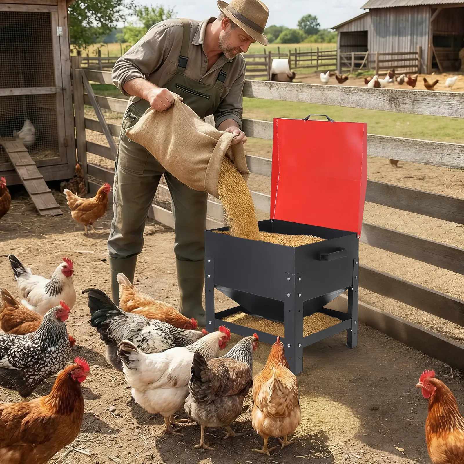 Metal Chicken Feeding Box, 80 lbs Large Capacity,Galvanized Steel Construction - Automatic No Waste Poultry Feeding Station - Waterproof Design, Adjustable Legs, Portable Handles - for Chickens