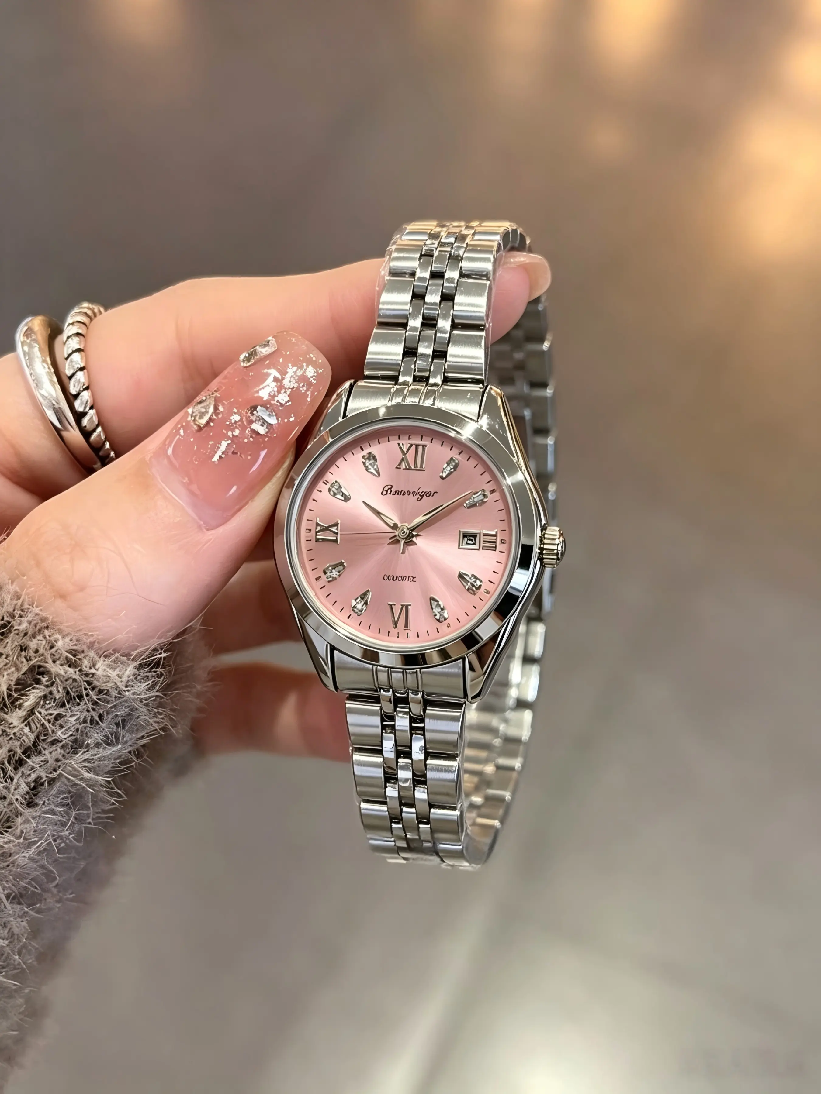 Women's Quartz Analog Watch with Diamond Accents and Roman Numerals, Elegant Stainless Steel Band, Calendar Display, Night Light, Gift Box Included