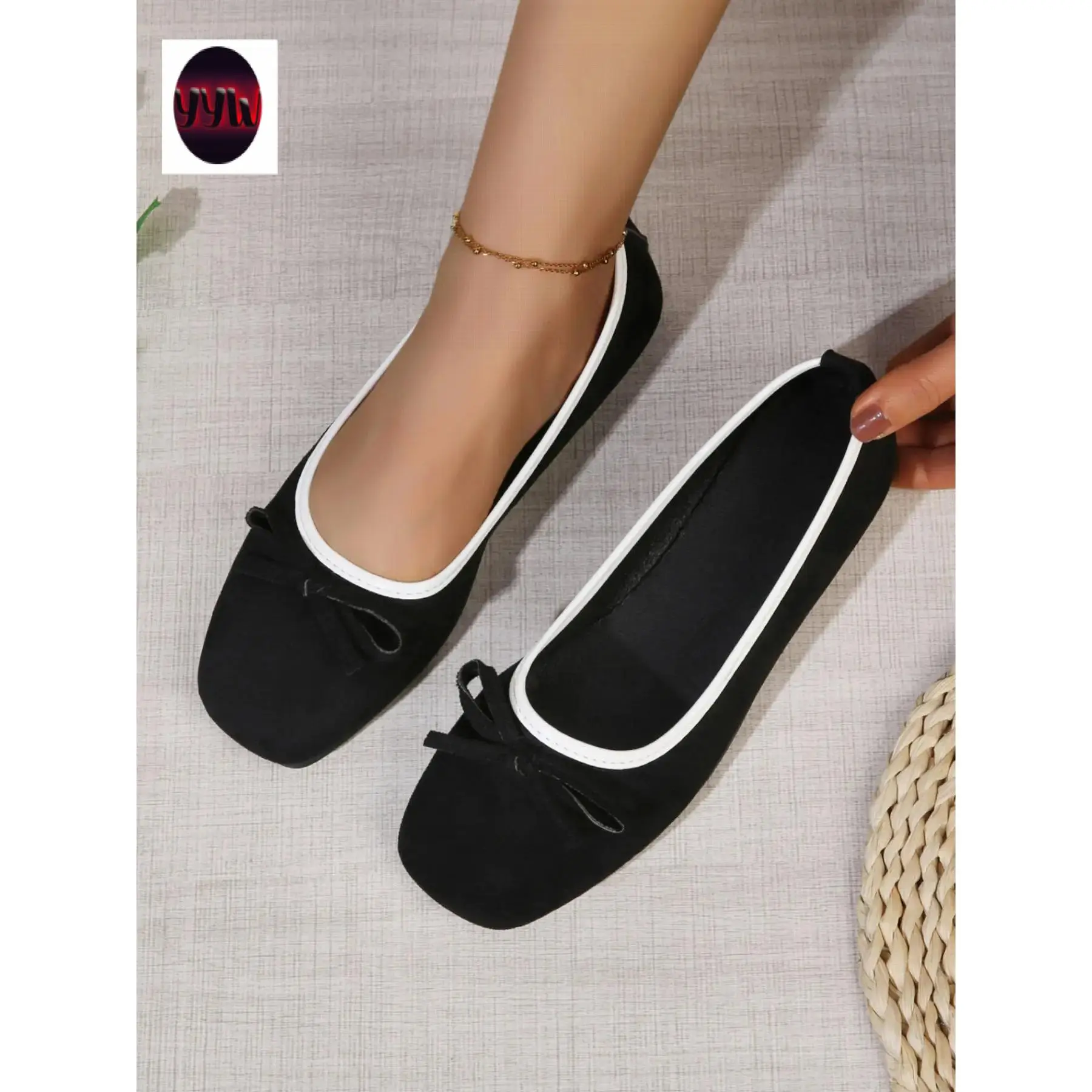 YYW1 Women's Vintage Velvet Square Toe Ballet Shoes, Bow Decor, Soft Sole Comfort, Simple Versatile Design, Perfect Daily Commute, Ballet Flats, Ballerina Flats, Footwear, Soft Soled Shoes