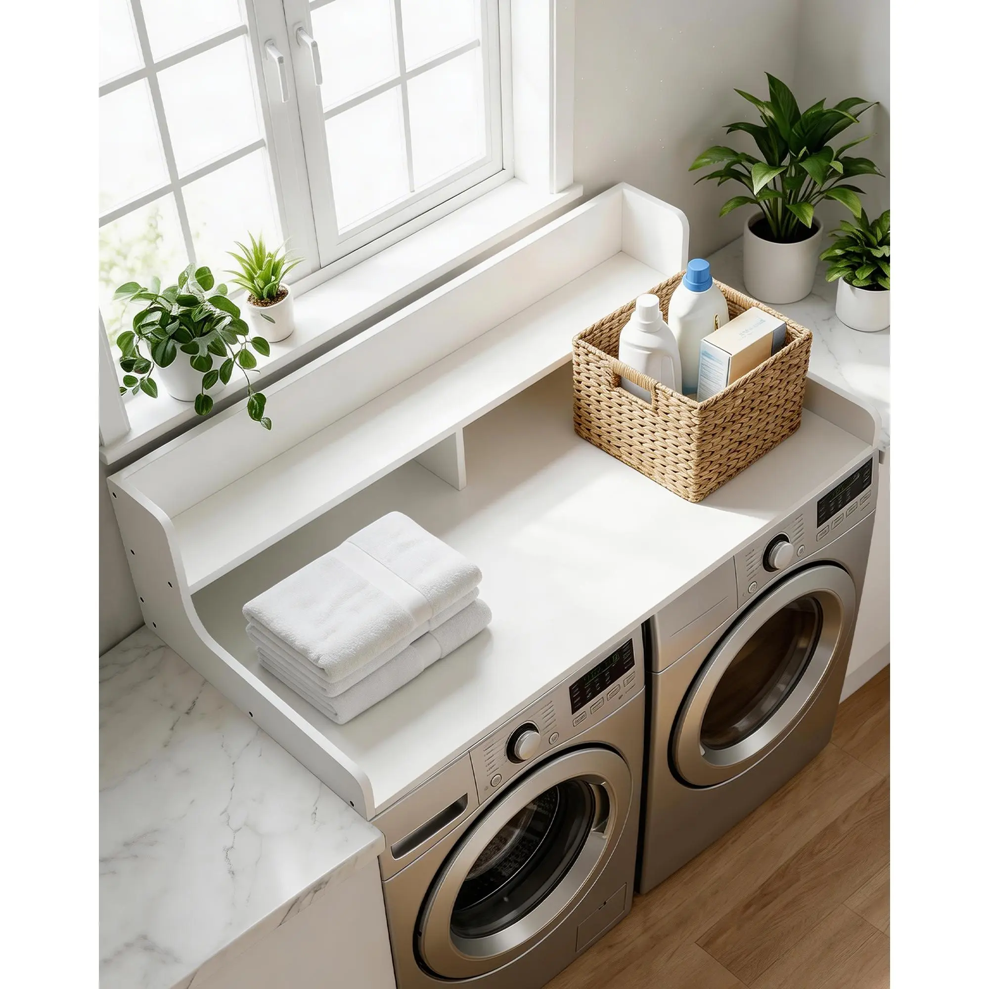 Wooden Laundry Shelf for Washer or Dryer Countertop Storage Organizer with 12" Edge Rails, Non-Slip Pads – Ideal Storage Solution for Laundry Room