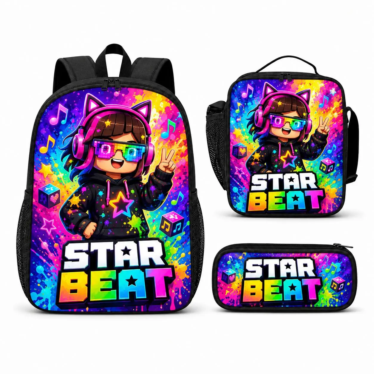 Vibrant Print Musical Theme 3-Piece Backpack Set - Large-Capacity Schoolbag for School Use, Lunch Bag, Stationery Organizer (Sports & Outdoor Gym Accessory), Printed, School-Size