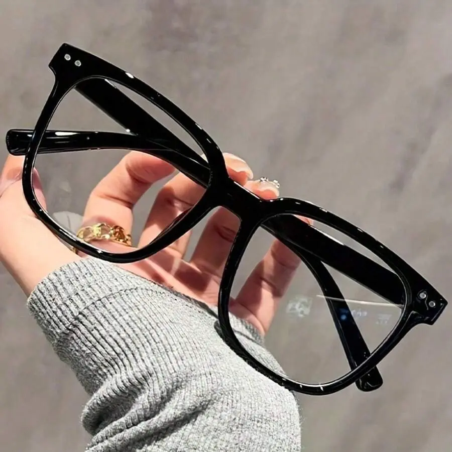 Unisex Contemporary Full Rim Polycarbonate Casual Stylish Glasses - Transparent Black Stylish Square Frames, Campus Look Fashion Accessory Eyewear, Ideal for Back-To-School & Fall Fashion, Solid Design