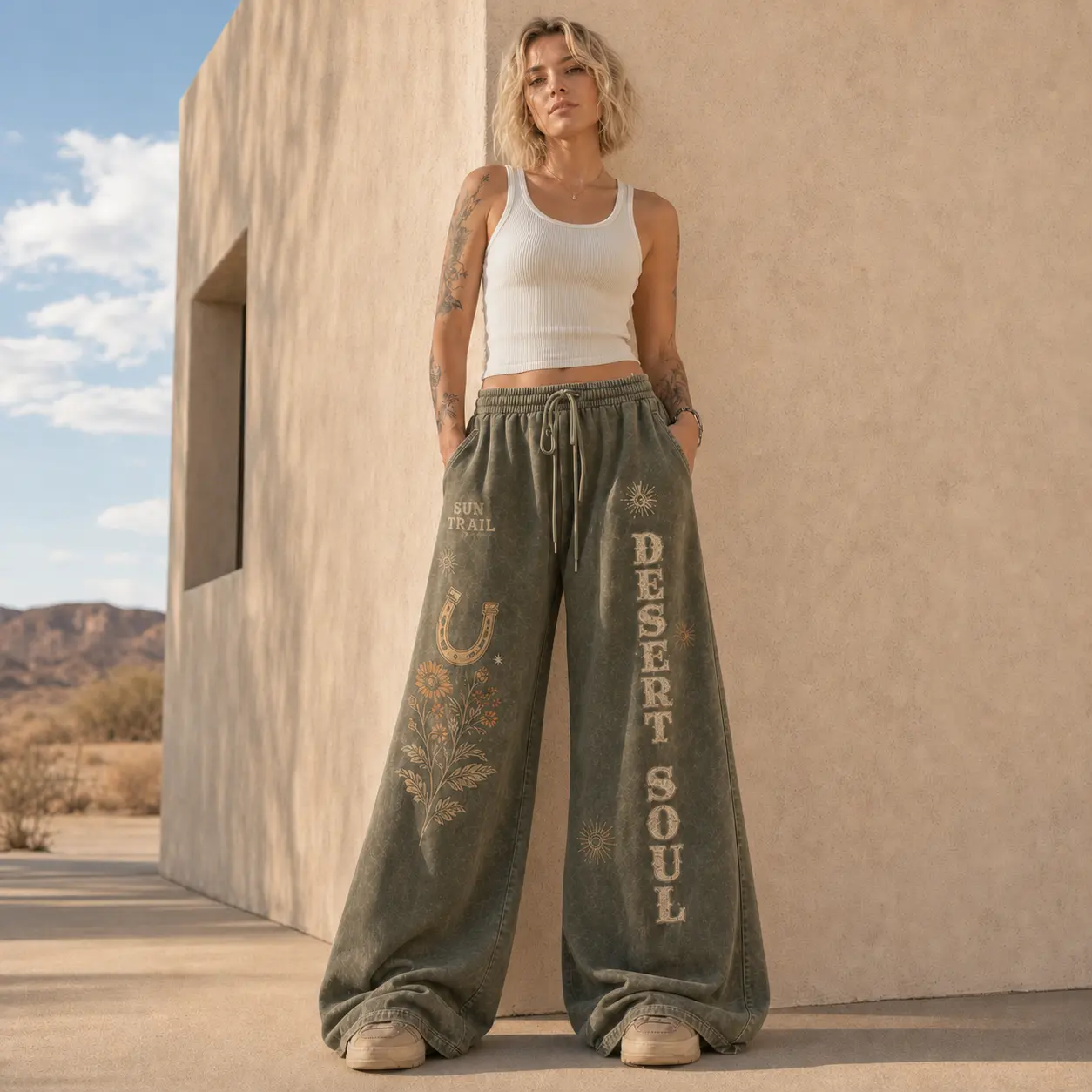 Women’s Oversized Wide Leg Sweatpants with Desert Boho Graphic Print, Elastic Drawstring Waist, Side Pockets, Vintage Washed Baggy Lounge Pants for Streetwear, Travel, Campus, Casual Outfits, Western Festival Style, Cozy Relaxed Fit