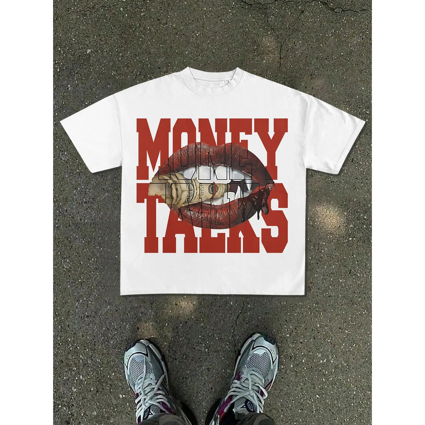 Men's Classic Oversized Cotton Unisex Apparel T-Shirt - White, Loose-Fitting, Front Bold Red "MONEY TALKS" Text, Unique Red Lips Biting Dollar Bill Print, Street Fashion, Everyday Casual Wear