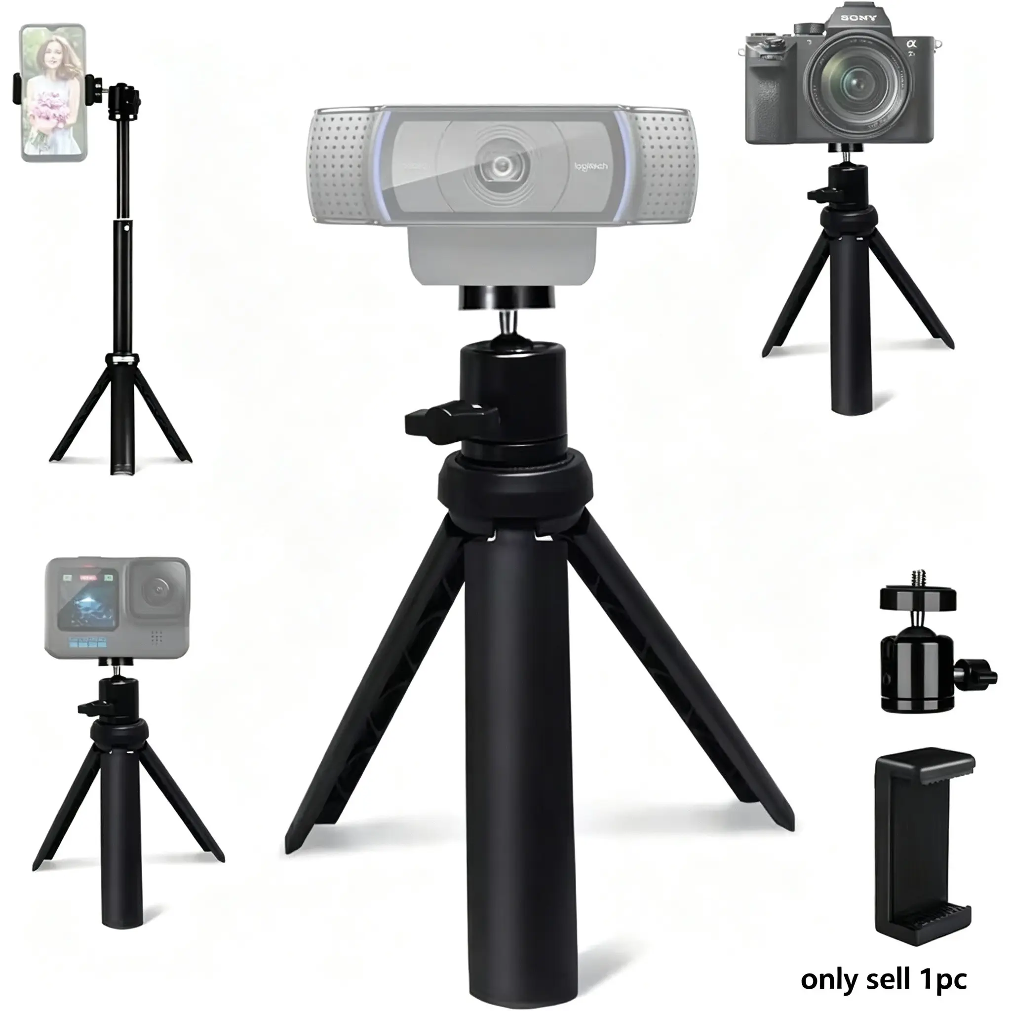 Upgrade Mini Desktop Tripod Set, Adjustable Phone Holder, Rotating Stand, Compact Selfie Stand, 3/9/13 Inch Height, 360° Rotation, Compatible with Multiple Devices