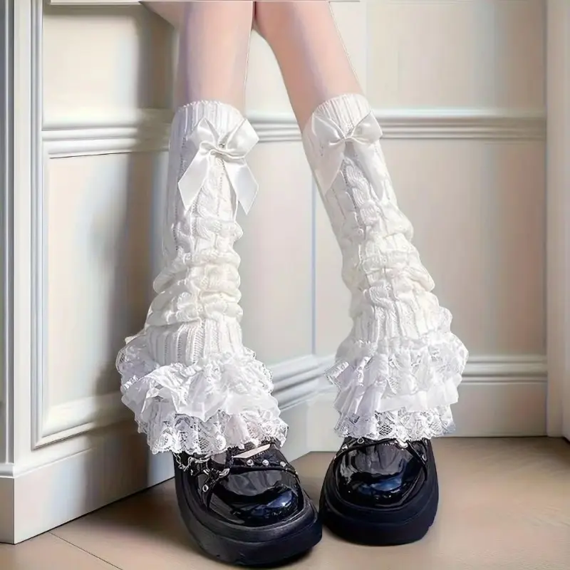 Elegant Slouch Calf Socks for Women, Japanese Style Cable-Knit with Ruffled Lace Trim and Bow, Comfortable for Coquette Outfits, Satin, Feminine, Light, Smooth