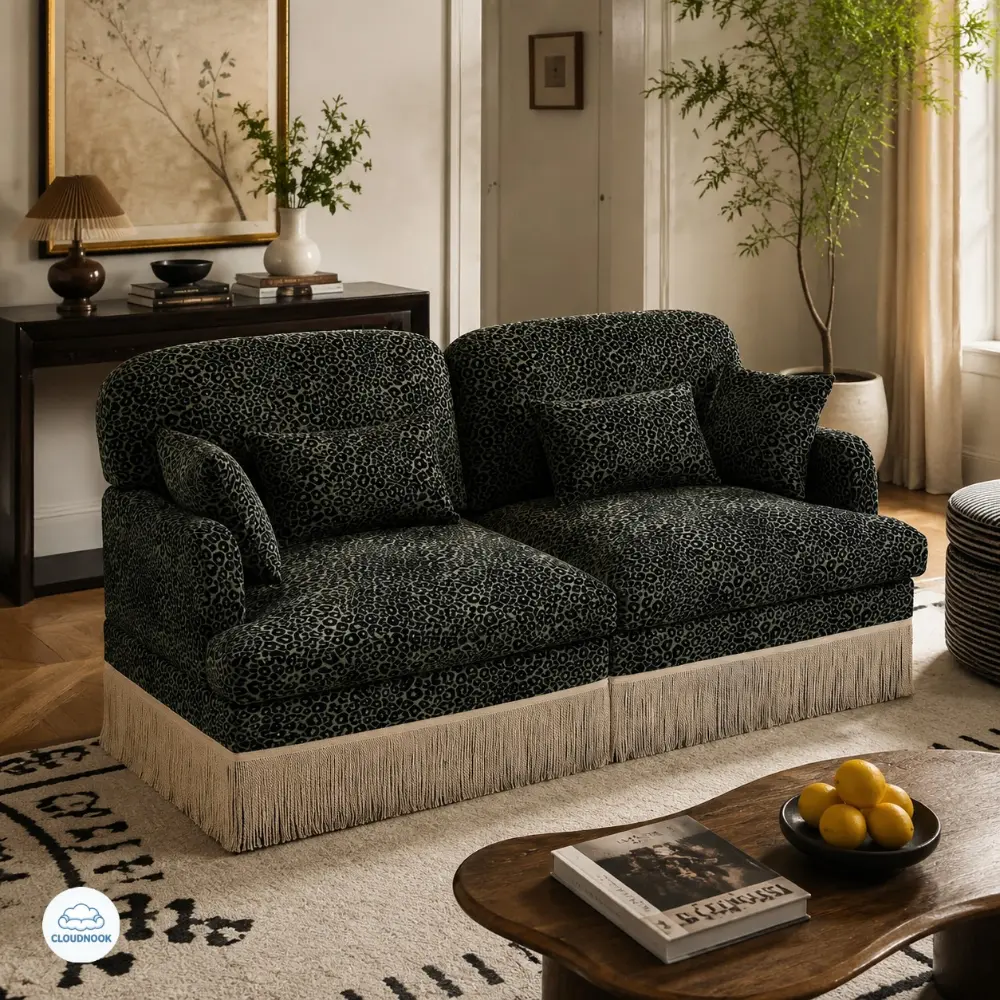 Comfy Chenille Leopard Printing Loveseat Sofa,Delicate Tassel Edge,Modern Fashion Modular Sectional Couch,Ergonomic Back and Seat Design, Easy Assembly,Deep Seat Couch for Living Room,Green black