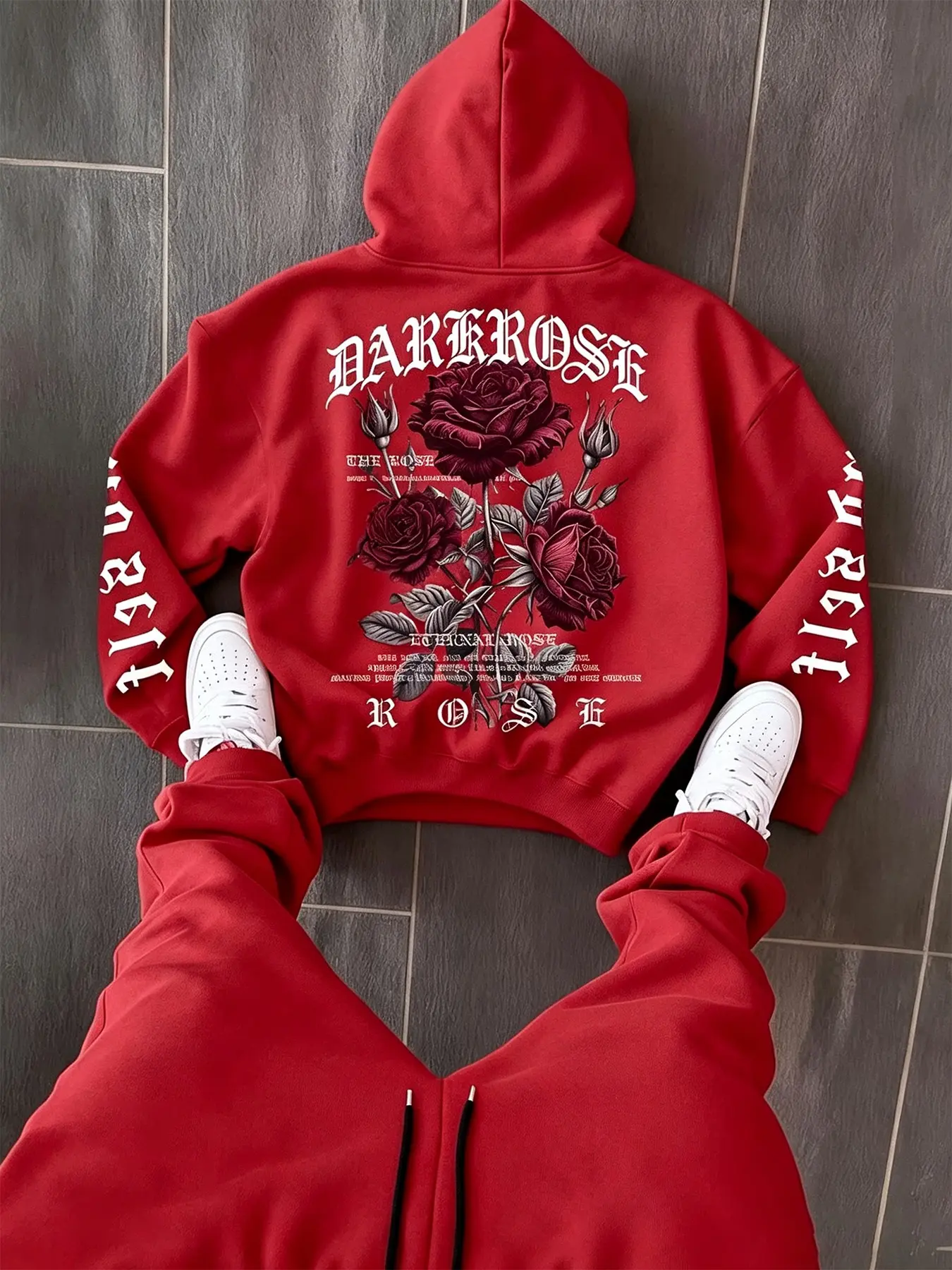Men's Casual Long Sleeve Hooded Sweatshirt, Gothic Dark Rose Loose Hoodie, Vintage Street Style Floral Pullover, Men's Top for Fall, Gothic Graphic Sweatshirt