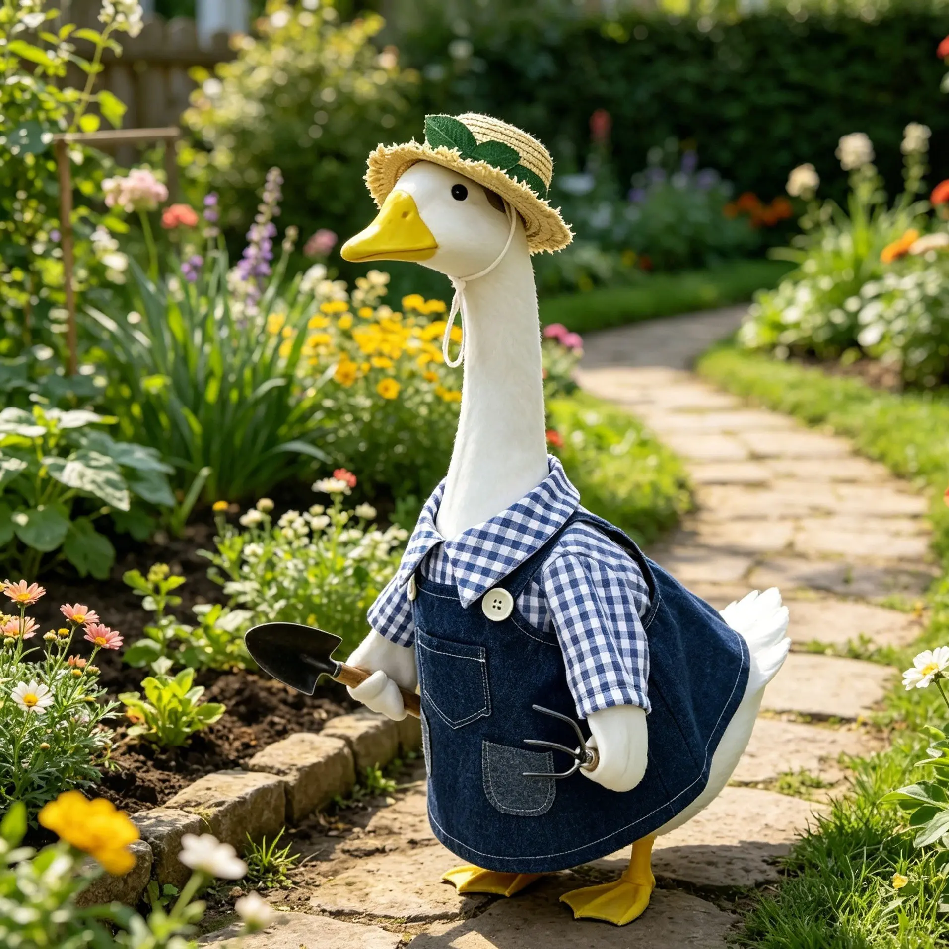 2 Piece Country Farmer Costume Set, Porch Outdoor Garden Decor, Plaid Shirt Bib Overalls, Straw Hat Kit, Suitable for 23 Inch Lawn Goose Decoration