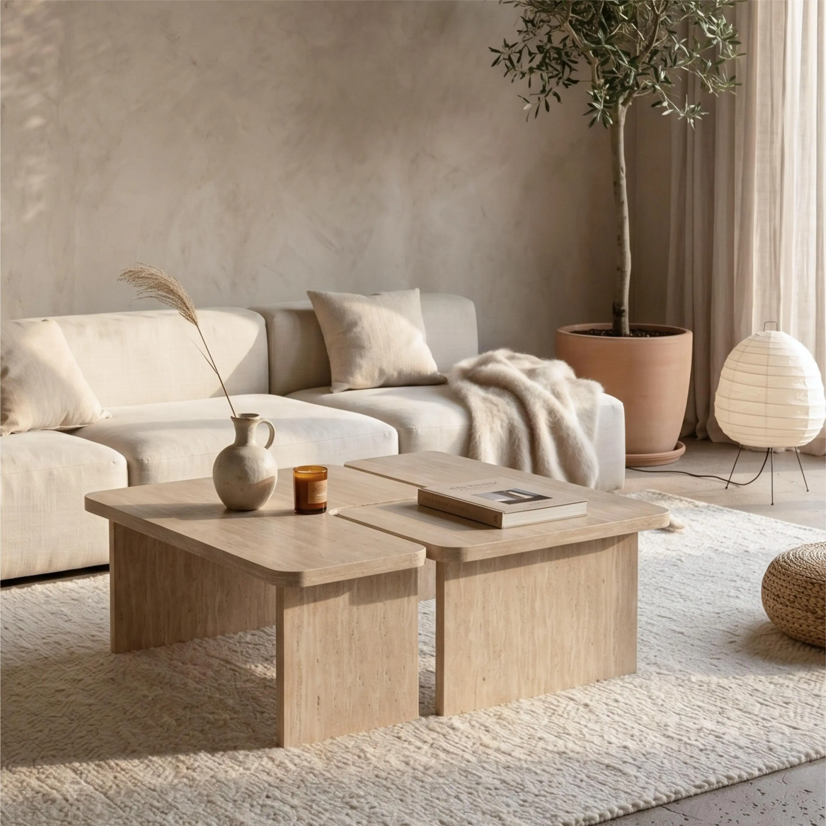 ARCH Modular Travertine Coffee Table Set of 2, Nesting L-Shaped Puzzle Center Table, Separable Side Corner Table for Living Room, Apartment Small Spaces, Cream Beige MDF, Beige Color Options, MDF Material, Modern Style, Product Dimensions: Not