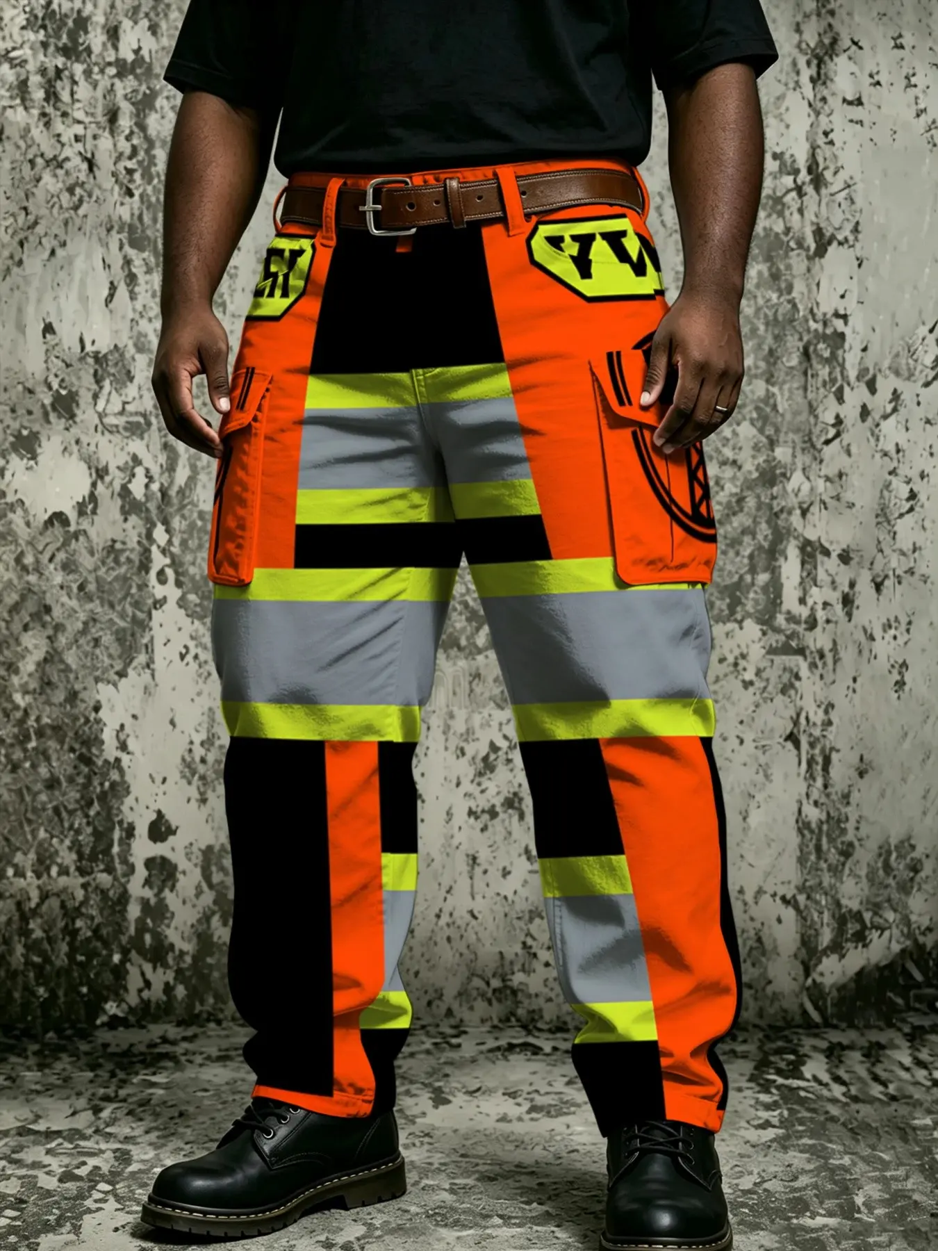 Plus-size men's construction site safety warning stripe color-block printed work pants with orange-yellow reflective strips, construction patterns, multiple pockets, trendy straight-leg work casual pants