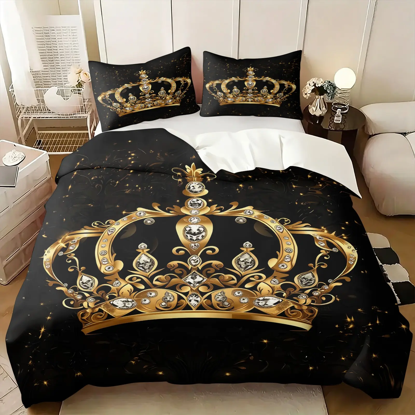 Luxury Golden Crown Duvet Cover Set, Include One Comforter Cover and 1/2 Pillowcases, Black Background Glitter Star Decor Bedroom Quilt Cover, Soft Touch, All Seasons Use, Duvet Bedding Set