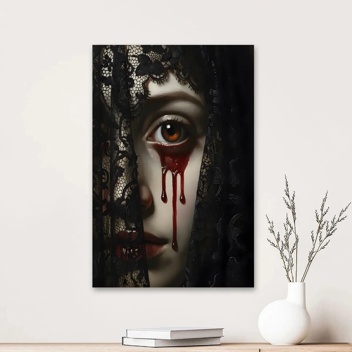 1pc Wooden Framed, Crying Blood Vampire Art Painting, Gothic Veiled Woman Portrait Poster, Dark Academia Wall Decor, Macabre Mourning Print, Horror Aesthetic, Witchy Art Print