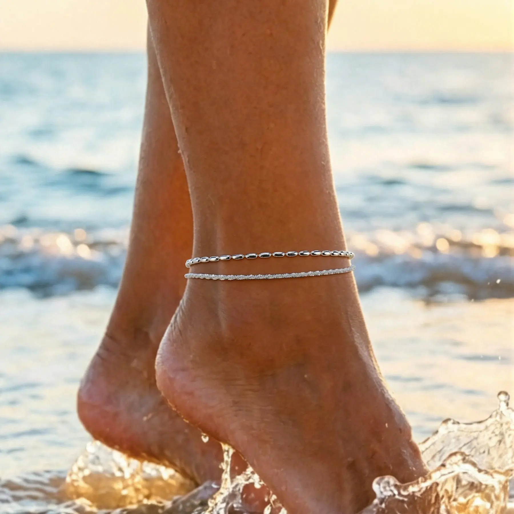 2Pcs Double Layer Twisted Elliptical Anklets Set for Women, Tarnish Resistant Silver Tone Layered Ankle Bracelets, Exquisite Elegant Summer Beach Foot Jewelry