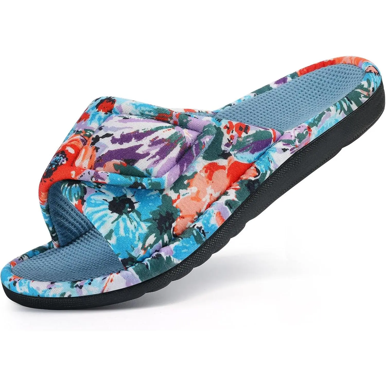 Summer House Slippers for Women with Arch Support Breathable Waffle Cotton Indoor Slippers Slip on Open Toe Home Shoes