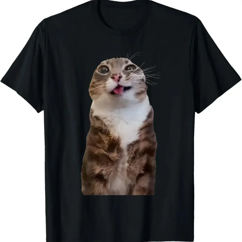Funny Rigby Silly Cat Meme Graphic Cotton Crewneck Sports Top - Breathable Menswear Garment, Casual Daily Wear Tee for Men-Women, Pairable with Sweatpants for Office Use