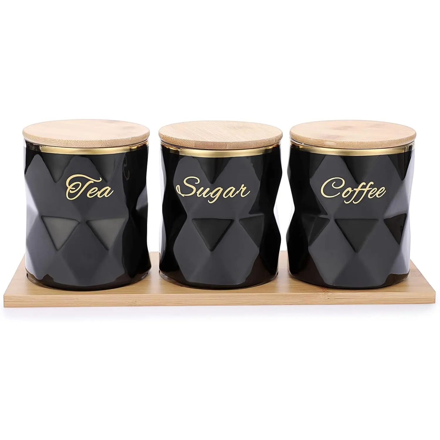 Ceramic Canister Set for Sugar Coffee  with Airtight Lid and Tray | Luxurious Storage Containers Set, Decorative Storage Pots Black Storage Jar for Kitchen Counter, Dining Room,Beverage Station