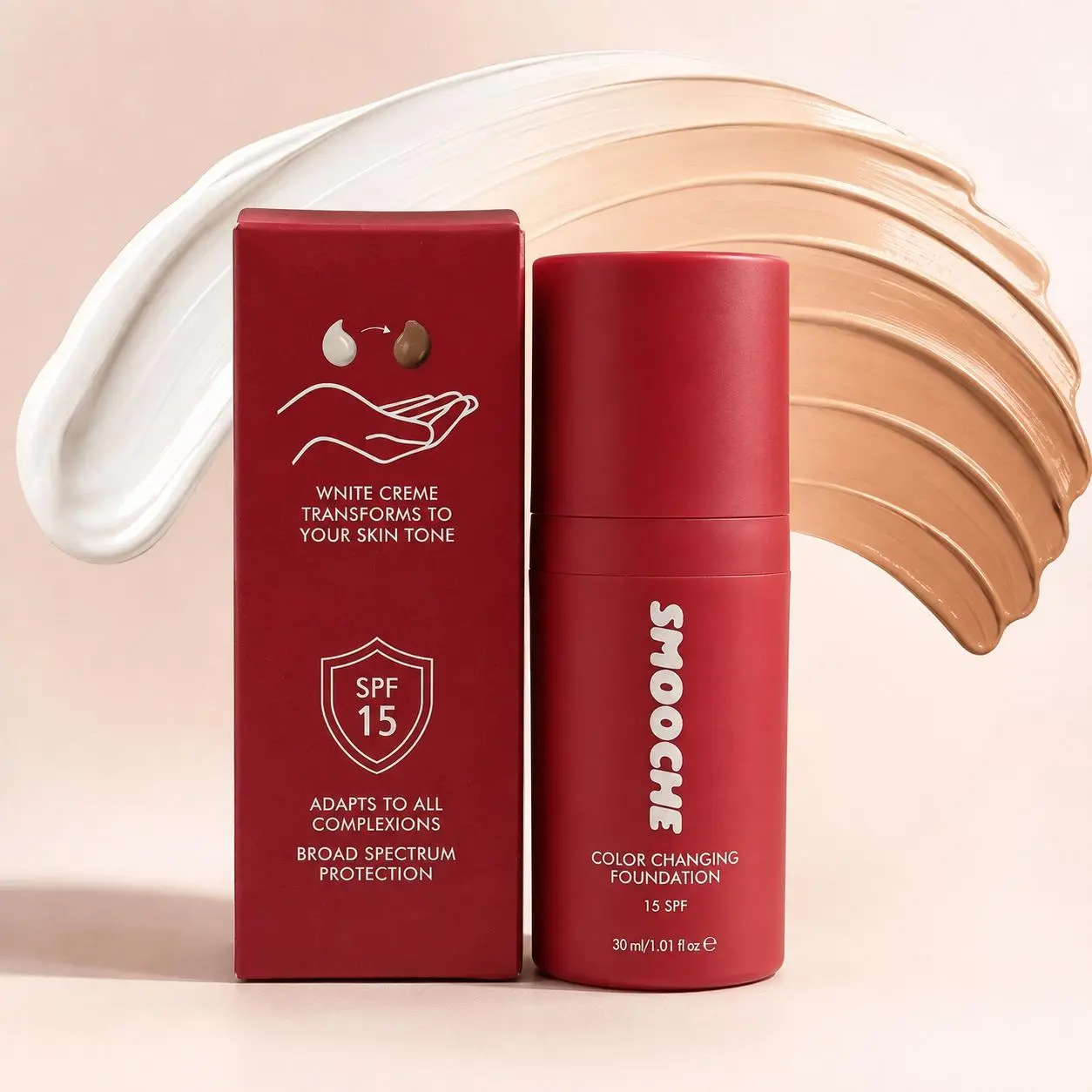 Smooche Color Changing Foundation, 30ml Hydrating Wear Medium Sheer CC Cream with Color-Adapting Micro-Pigments and Glycerin, Natural-Looking Finish, Easy-to-Blend Self-Adjusting Liquid Face Makeup