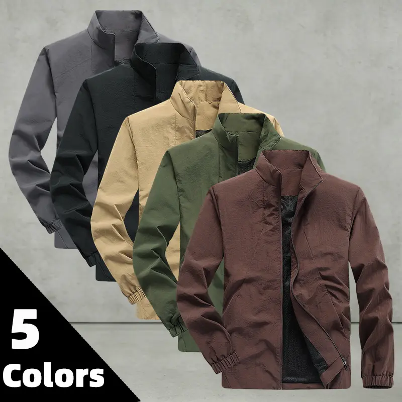 Spring and Autumn breathable stand collar workwear jacket for men, lightweight mesh lining, outdoor windproof trench coat, simple pure color, commuting, versatile, high-quality casual jacket